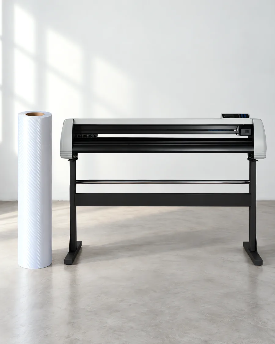 Rollo de vinilo mca transparente, parado junto al plóter de corte