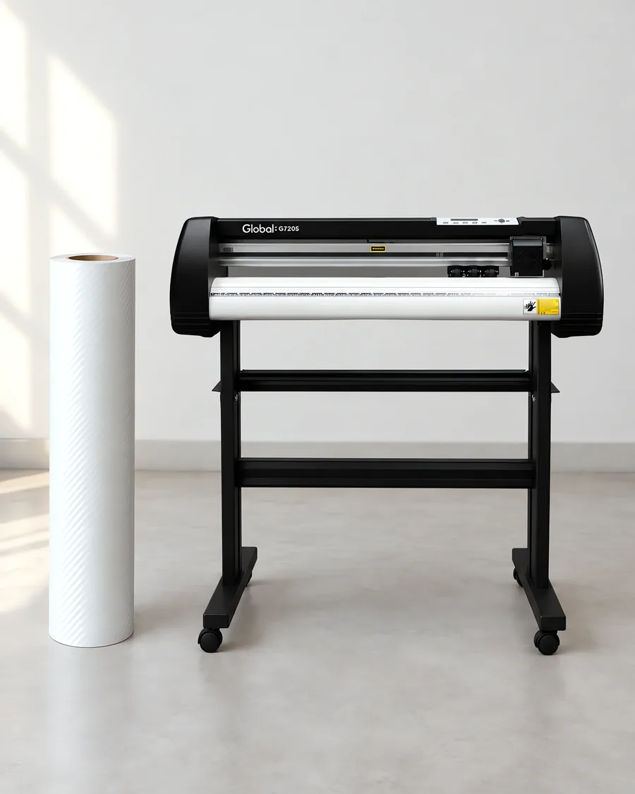 Rollo de vinilo mca perlado, parado junto al plóter de corte