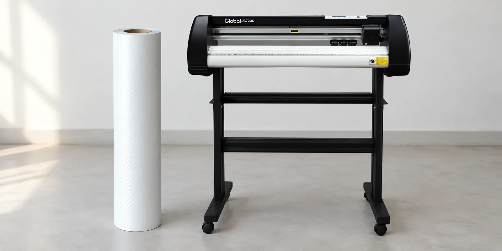 Rollo de vinilo mca perlado, parado junto al plóter de corte