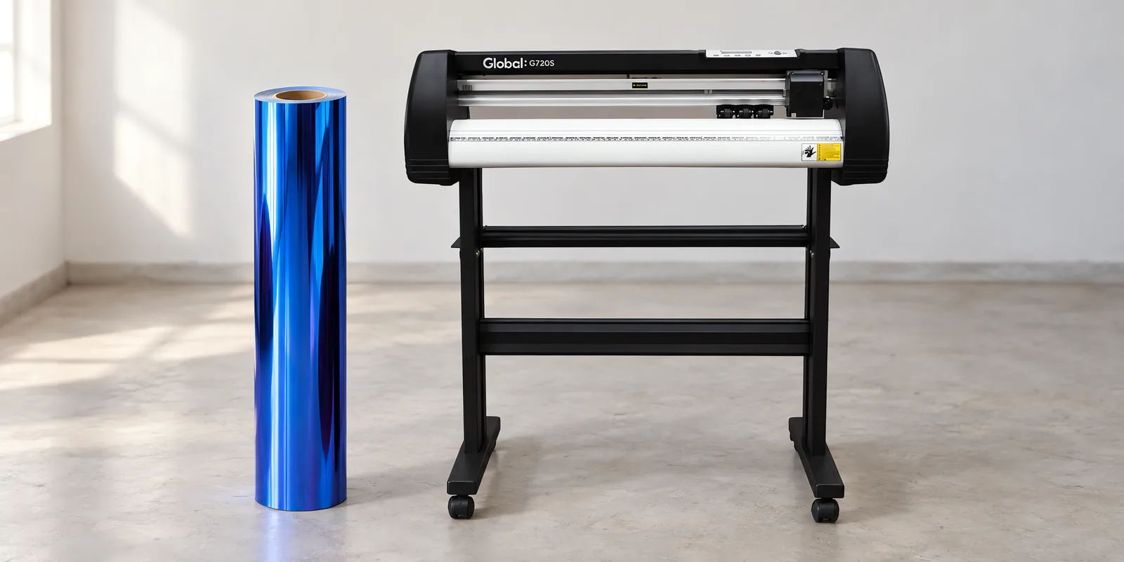 Rollo de vinilo cromo azul, parado junto al plóter de corte