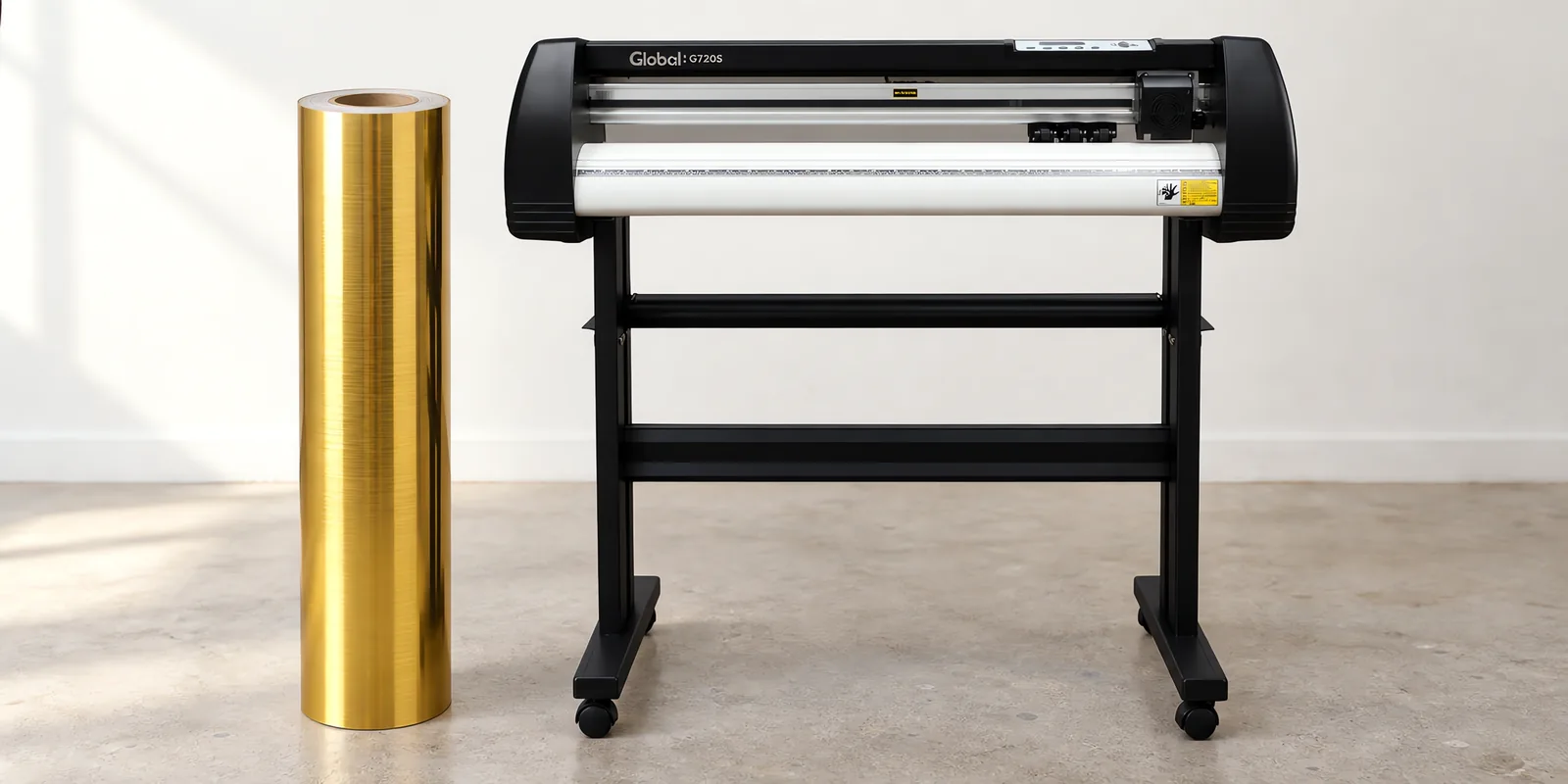 Rollo de vinilo cromo cepillado oro, parado junto al plóter de corte