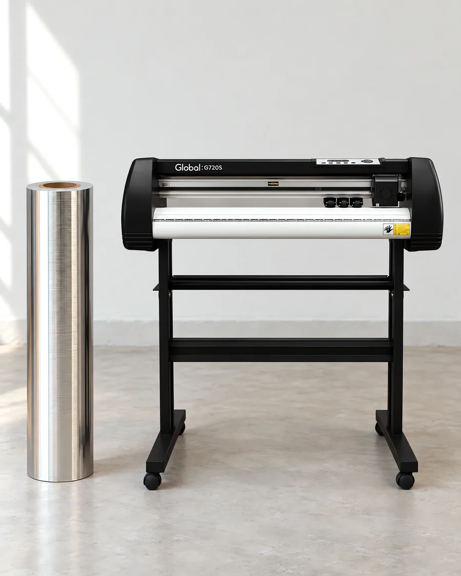 Rollo de vinilo cromo cepillado plata, parado junto al plóter de corte