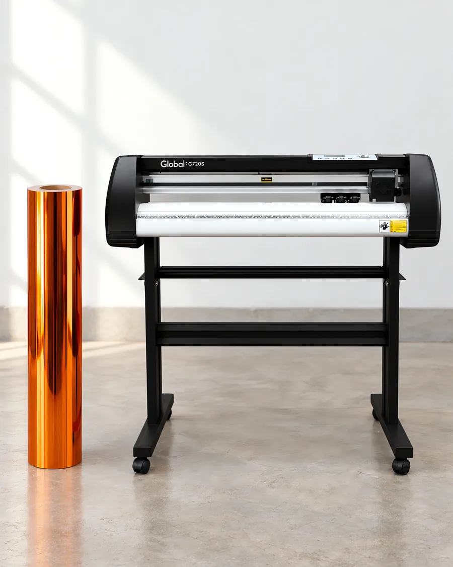 Rollo de vinilo cromo naranja, parado junto al plóter de corte