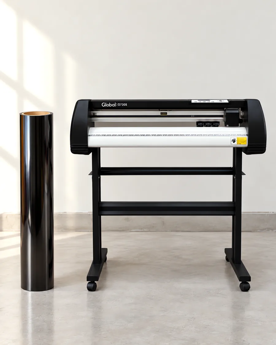 Rollo de vinilo cromo negro, parado junto al plóter de corte