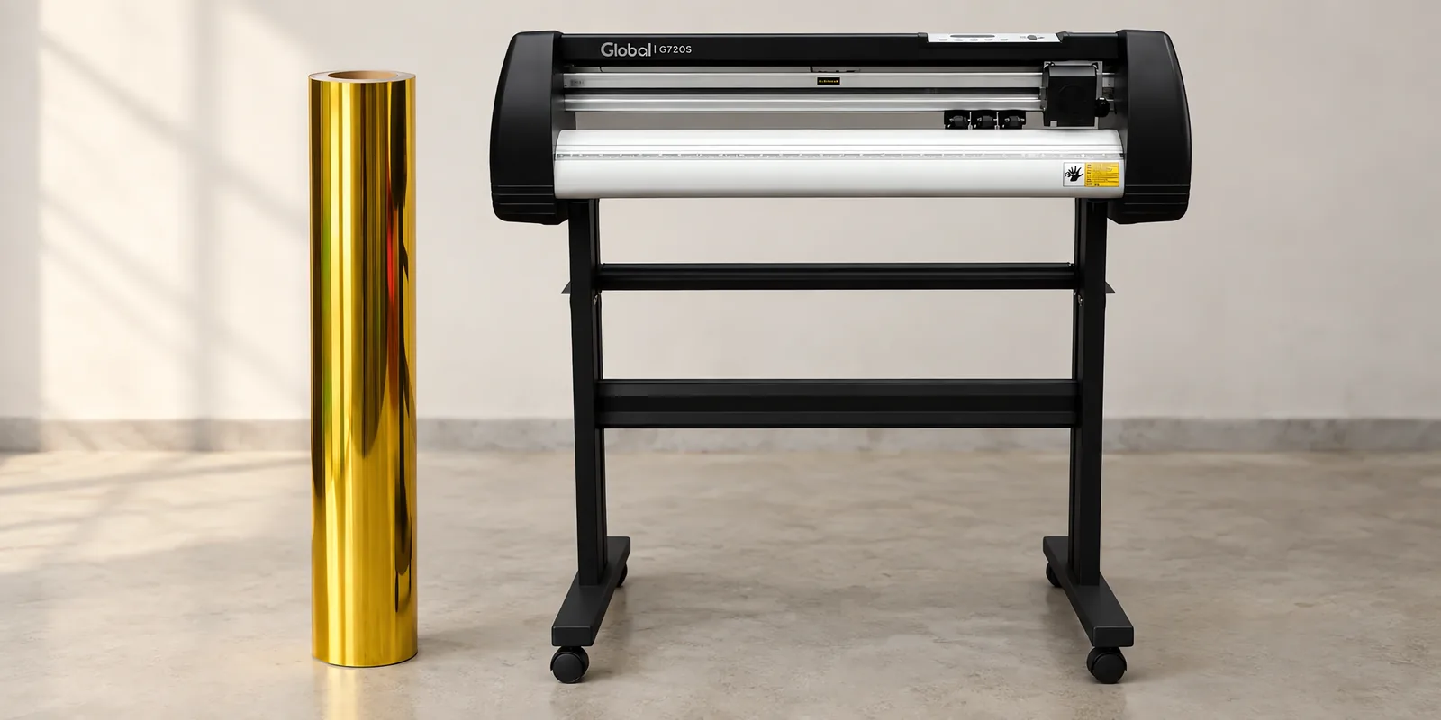 Rollo de vinilo cromo oro, parado junto al plóter de corte