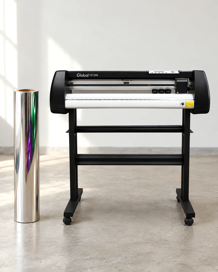 Rollo de vinilo cromo plata, parado junto al plóter de corte