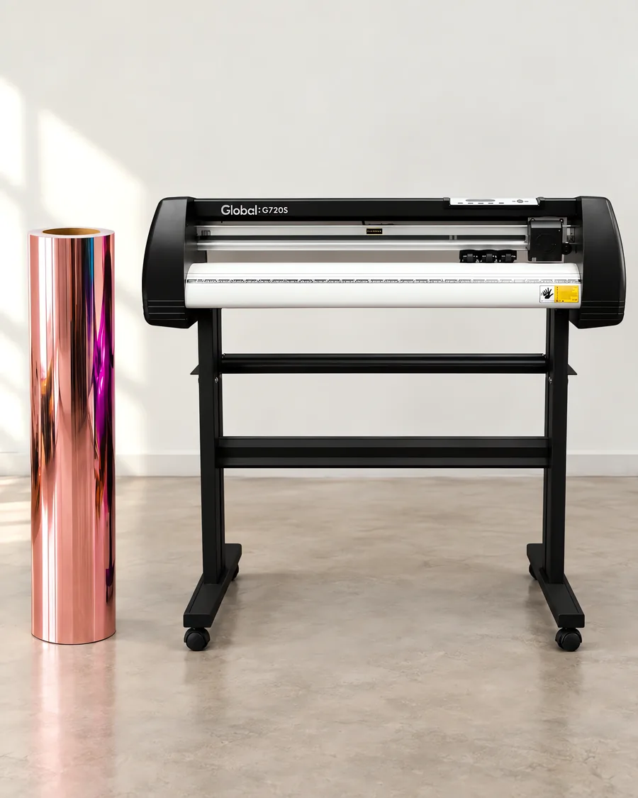 Rollo de vinilo cromo rosa, parado junto al plóter de corte