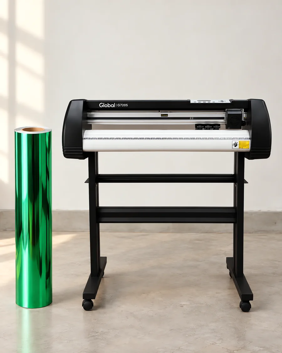 Rollo de vinilo cromo verde, parado junto al plóter de corte