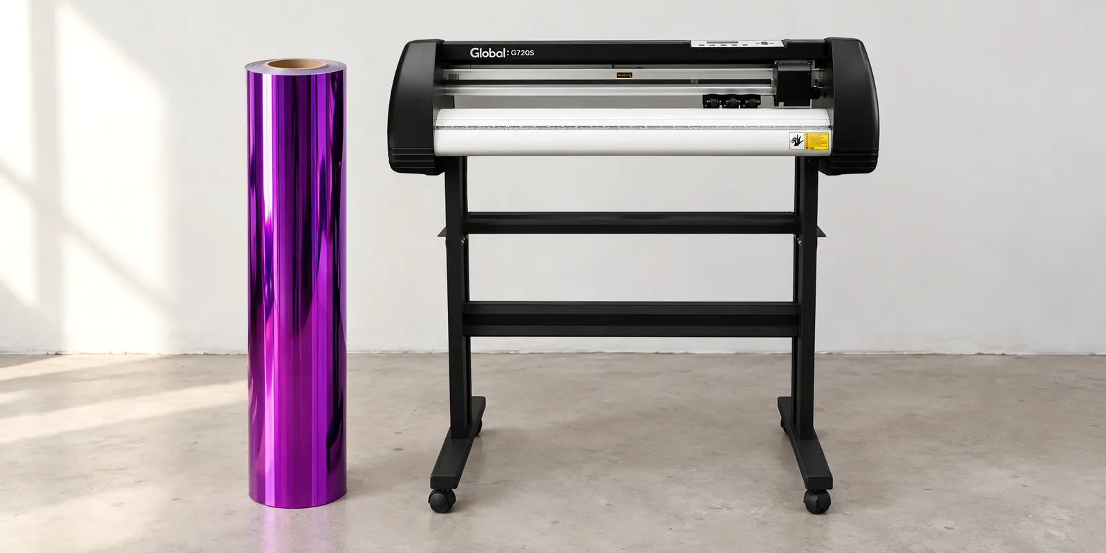 Rollo de vinilo cromo violeta oscuro, parado junto al plóter de corte