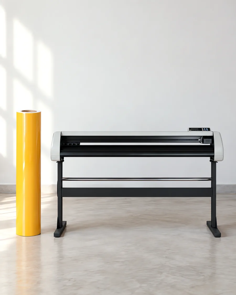 Rollo de vinilo de corte brillante, parado junto al plóter de corte