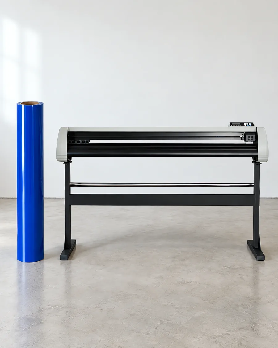 Rollo de vinilo de corte brillante, parado junto al plóter de corte