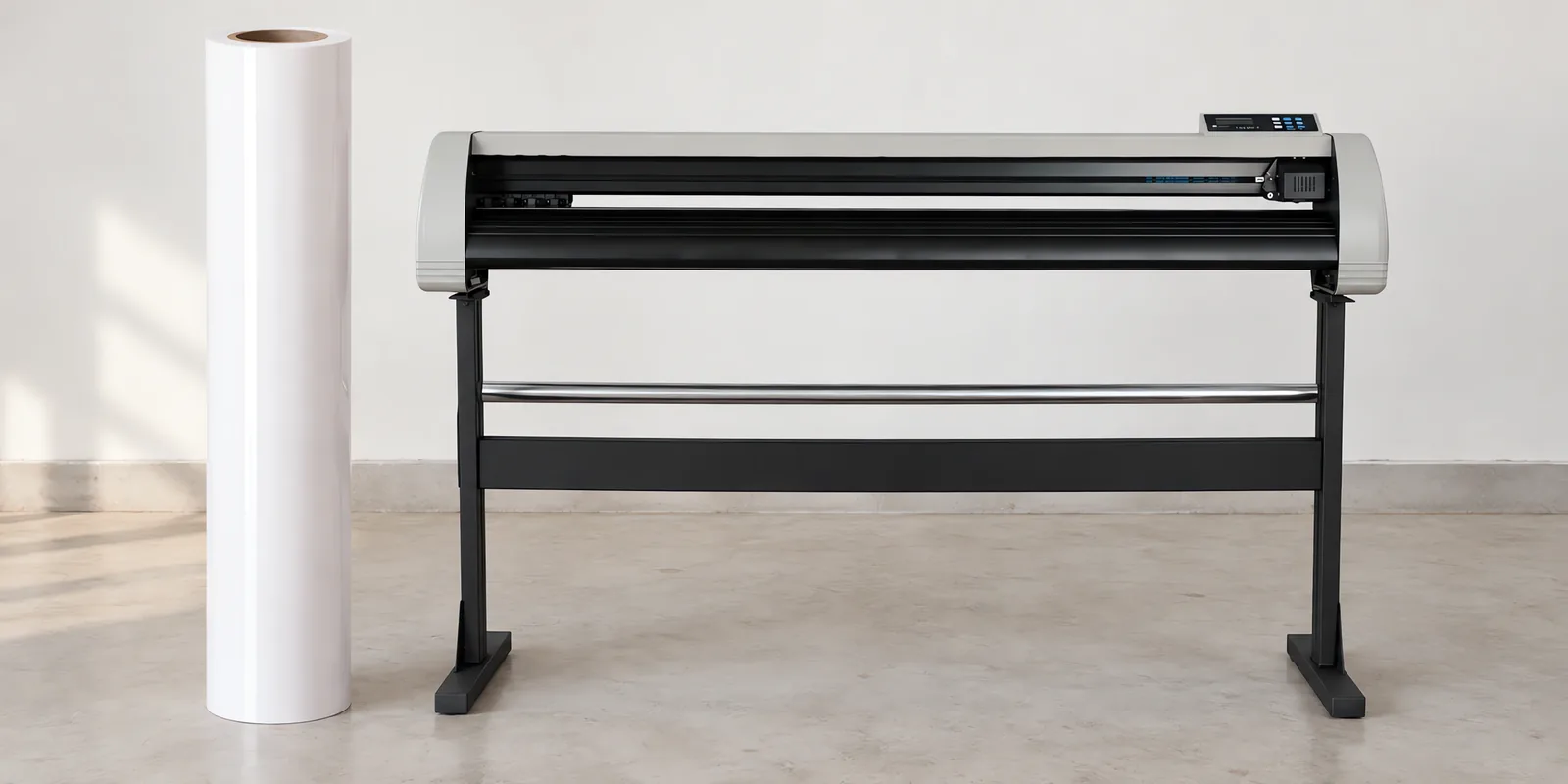 Rollo de vinilo de corte brillante, parado junto al plóter de corte