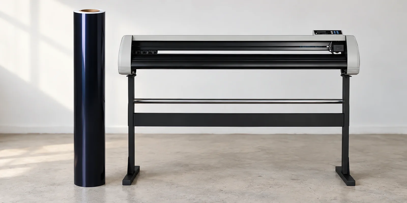 Rollo de vinilo de corte brillante, parado junto al plóter de corte