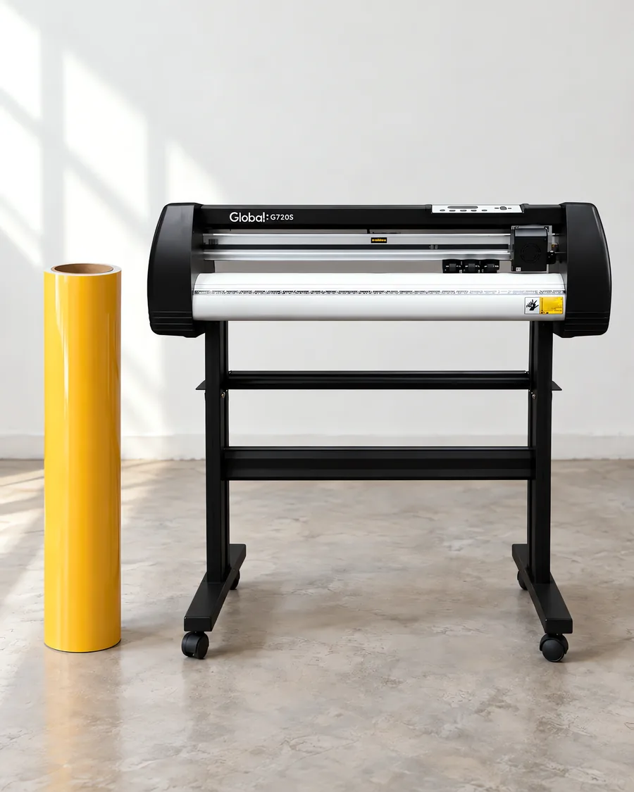 Rollo de vinilo de corte brillante, parado junto al plóter de corte