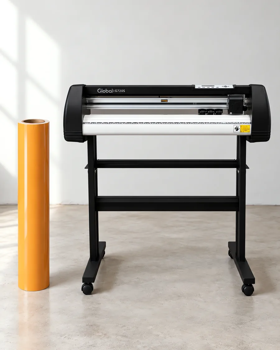 Rollo de vinilo de corte brillante, parado junto al plóter de corte