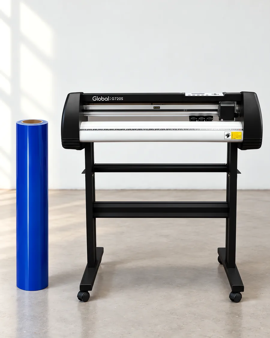 Rollo de vinilo de corte brillante, parado junto al plóter de corte