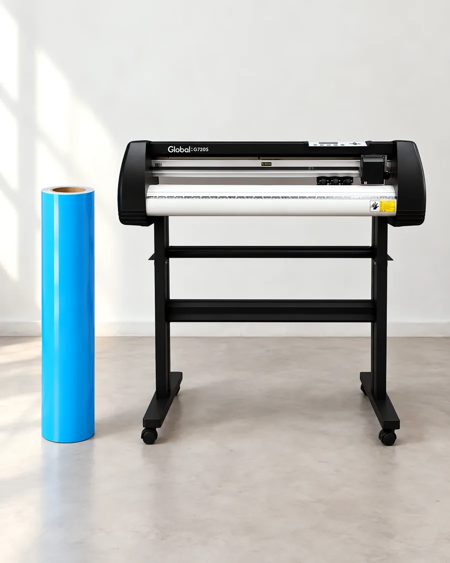 Rollo de vinilo de corte brillante, parado junto al plóter de corte