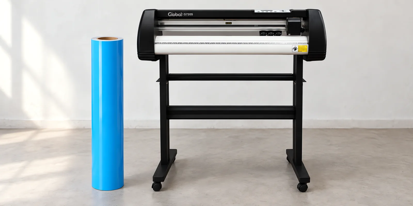 Rollo de vinilo de corte brillante, parado junto al plóter de corte