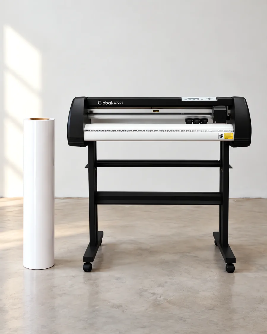 Rollo de vinilo de corte brillante, parado junto al plóter de corte