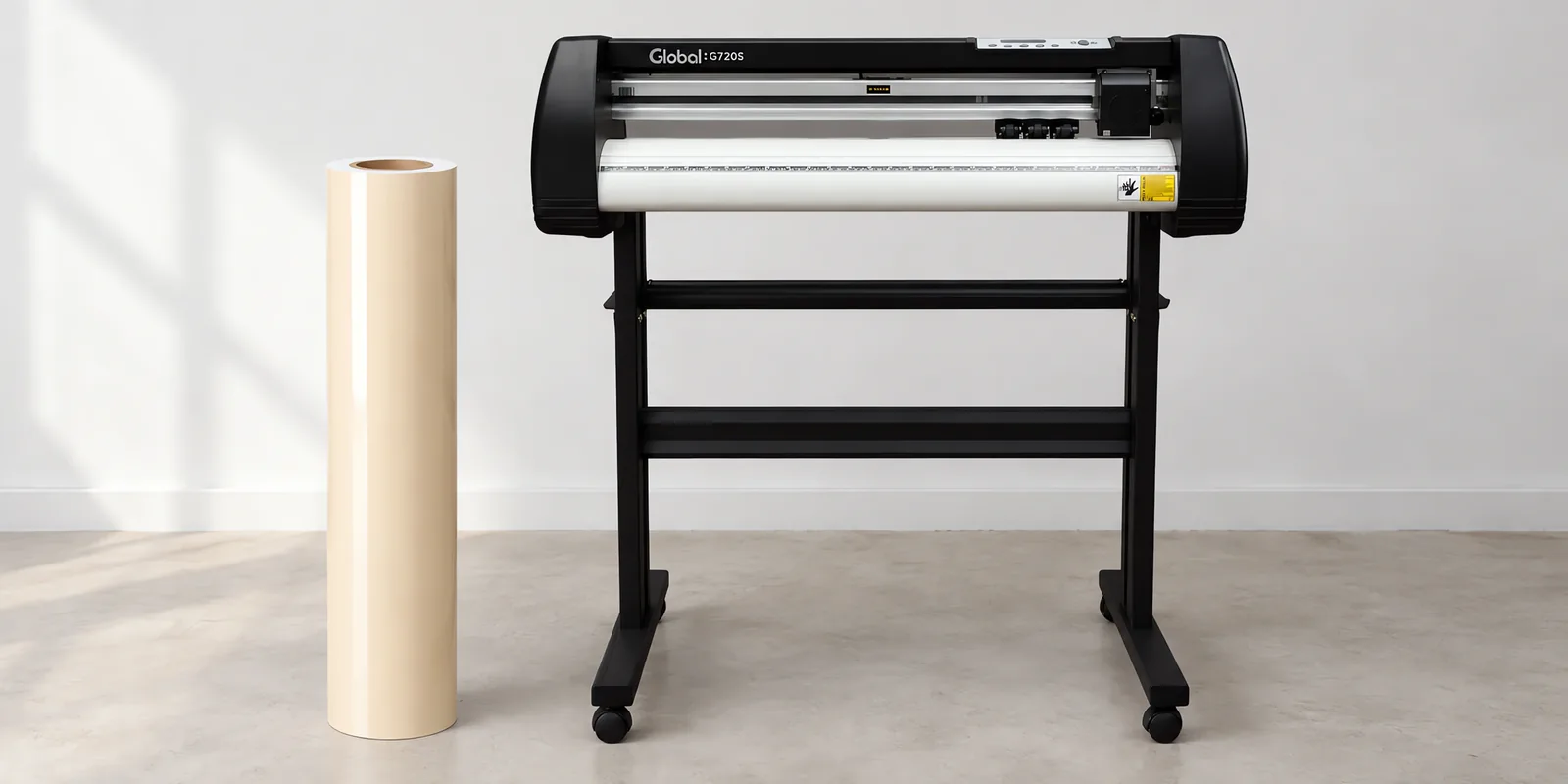 Rollo de vinilo de corte brillante, parado junto al plóter de corte