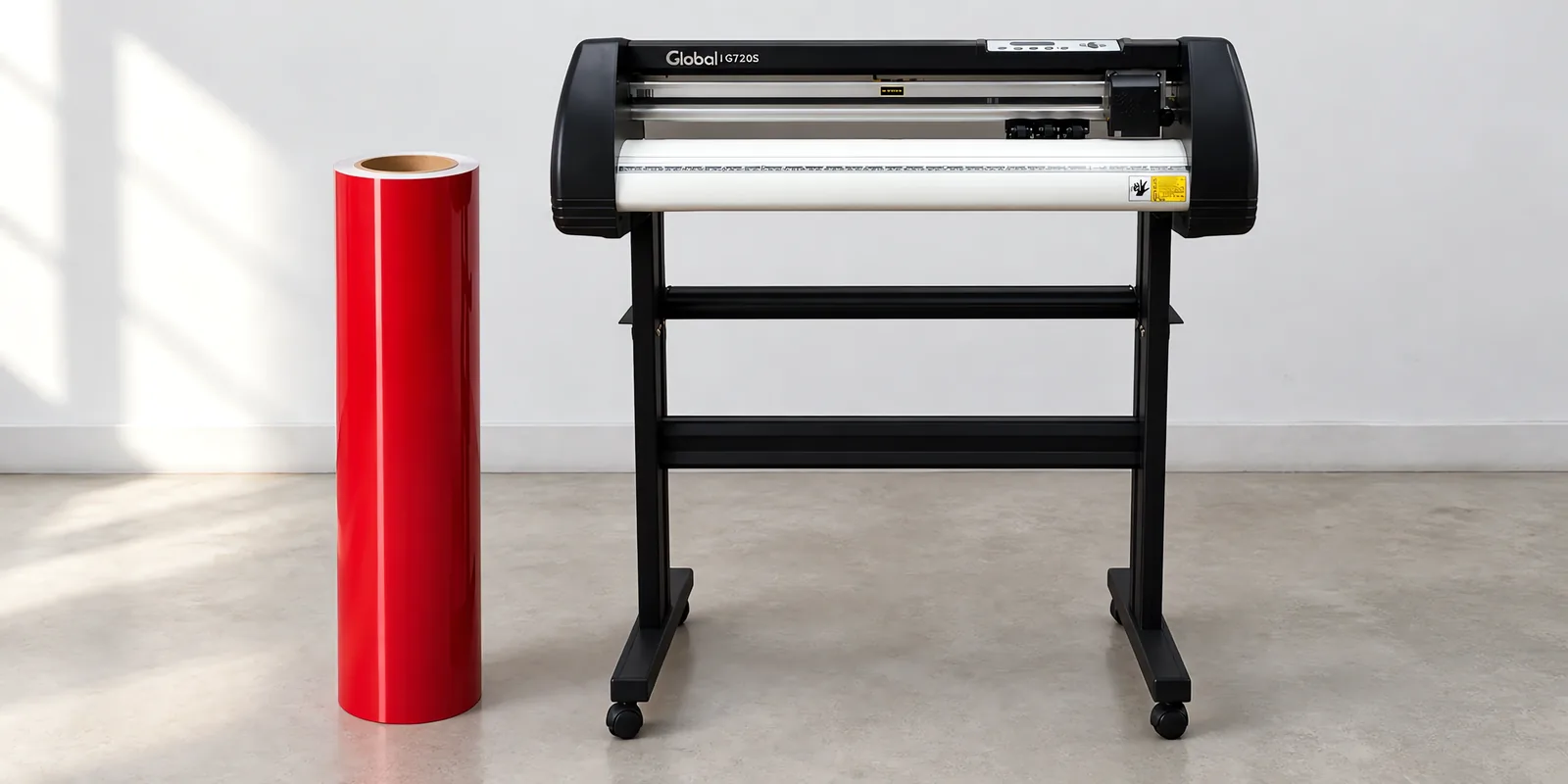 Rollo de vinilo de corte brillante, parado junto al plóter de corte