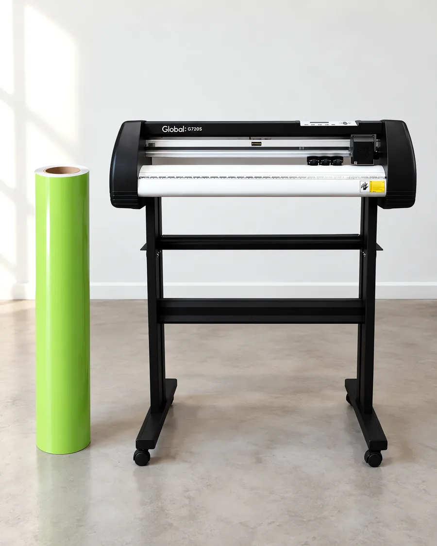 Rollo de vinilo de corte brillante, parado junto al plóter de corte