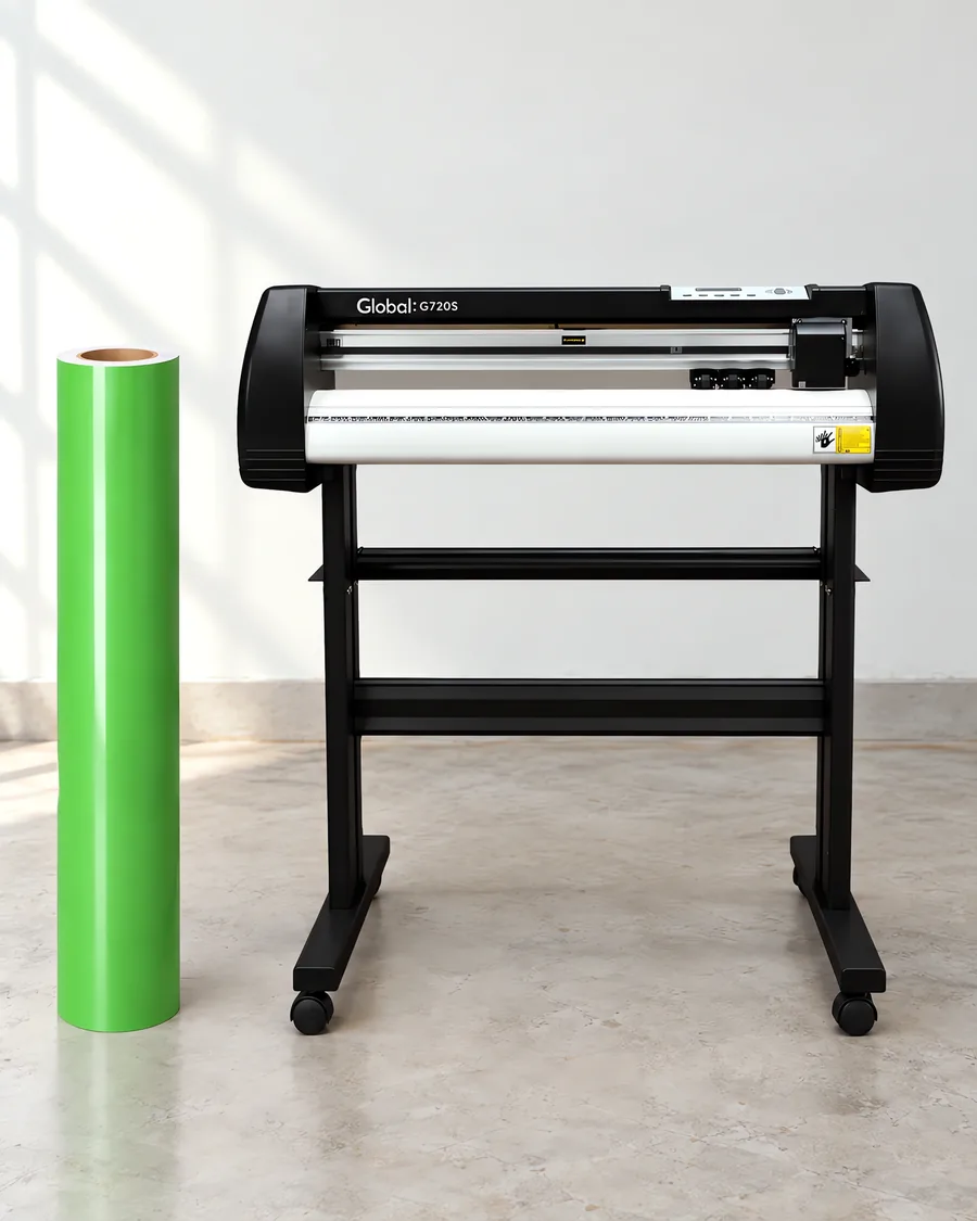 Rollo de vinilo de corte brillante, parado junto al plóter de corte