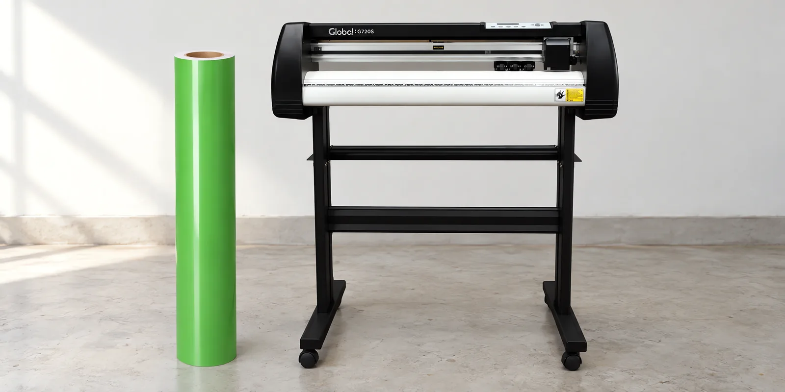 Rollo de vinilo de corte brillante, parado junto al plóter de corte