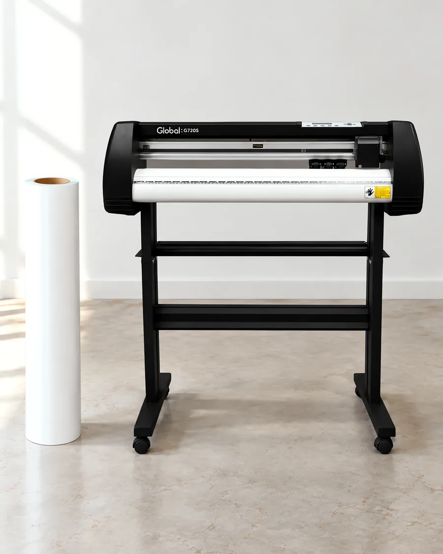 Rollo de vinilo de corte mate, parado junto al plóter de corte