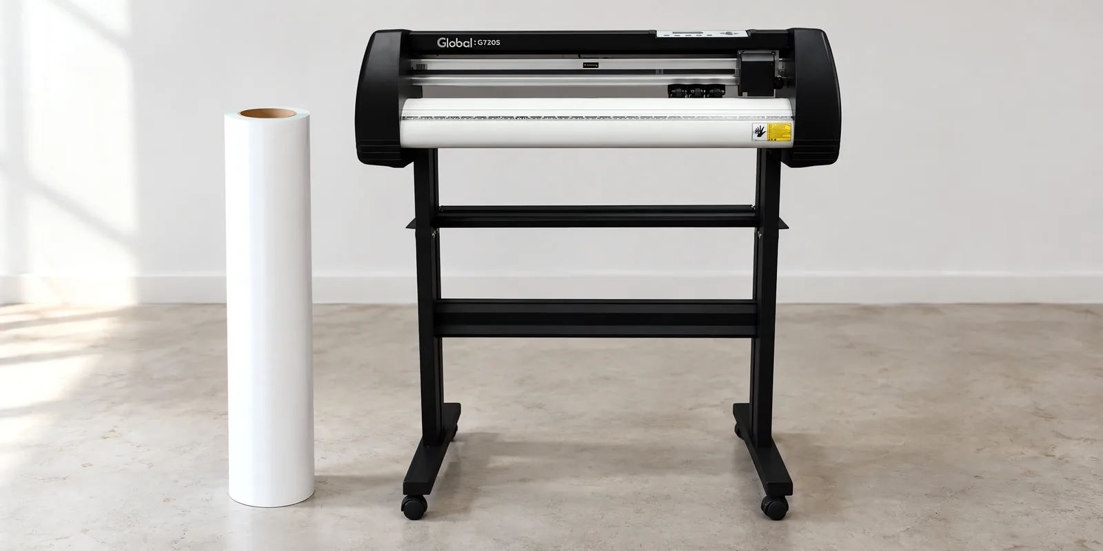 Rollo de vinilo de corte mate, parado junto al plóter de corte