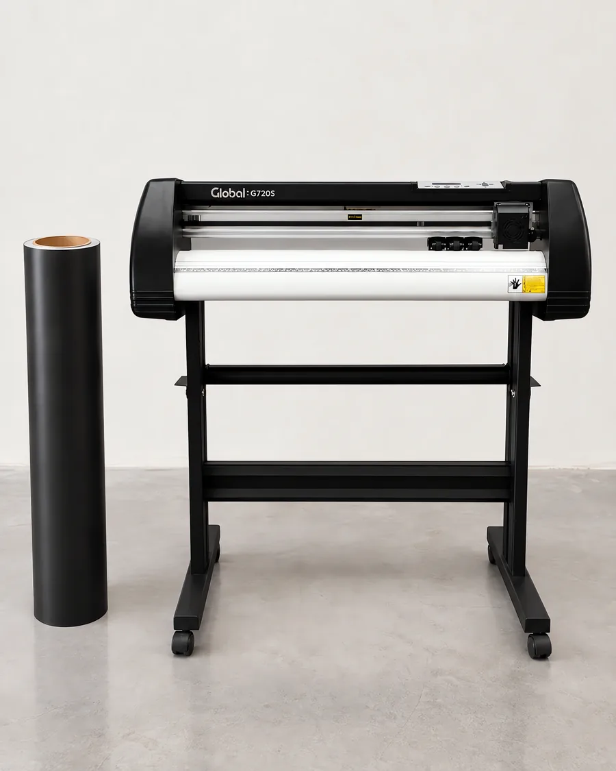 Rollo de vinilo de corte mate, parado junto al plóter de corte