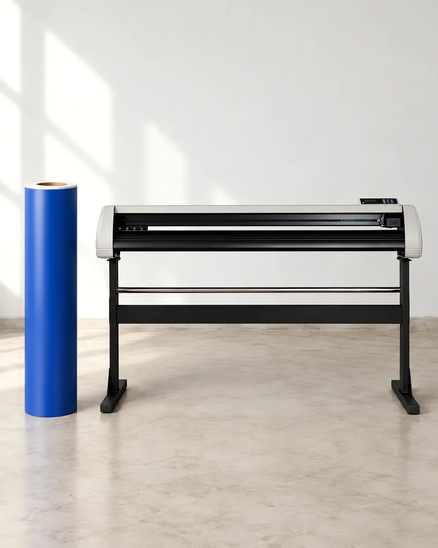 Rollo de vinilo de corte mate, parado junto al plóter de corte
