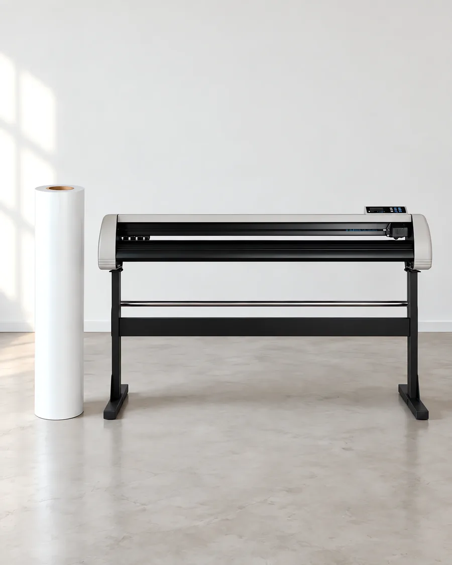 Rollo de vinilo de corte mate, parado junto al plóter de corte