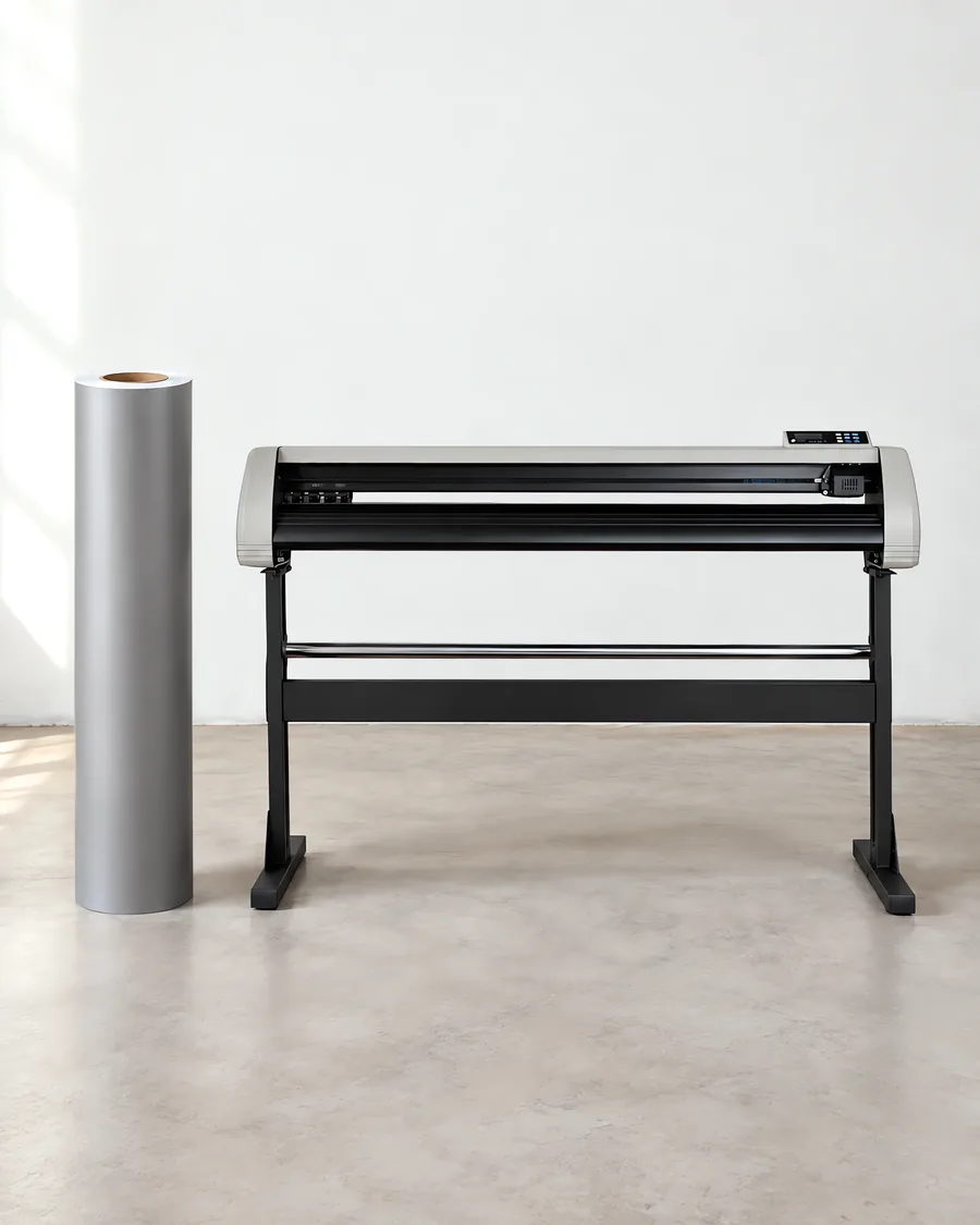 Rollo de vinilo de corte mate, parado junto al plóter de corte