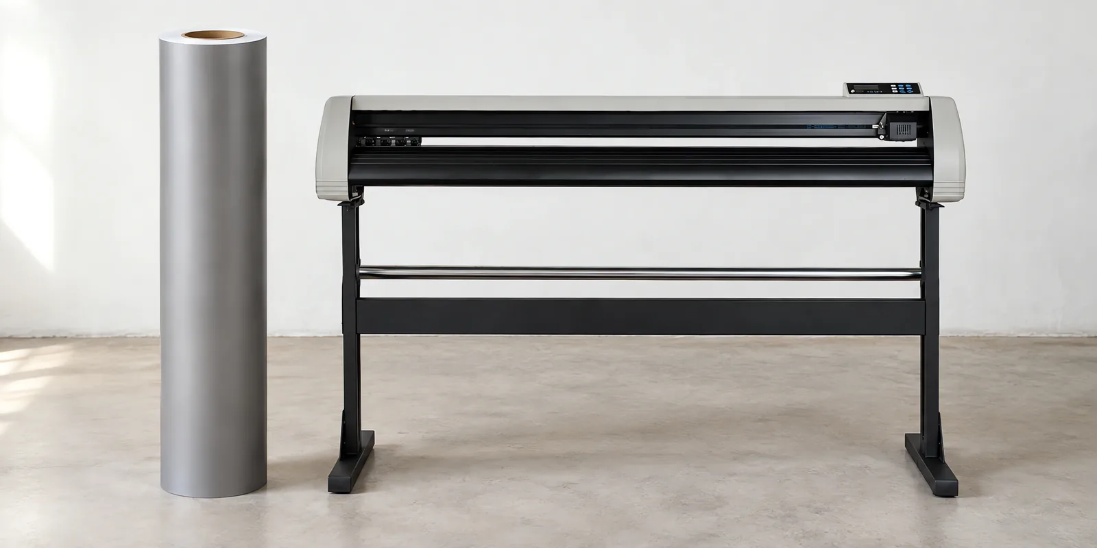 Rollo de vinilo de corte mate, parado junto al plóter de corte