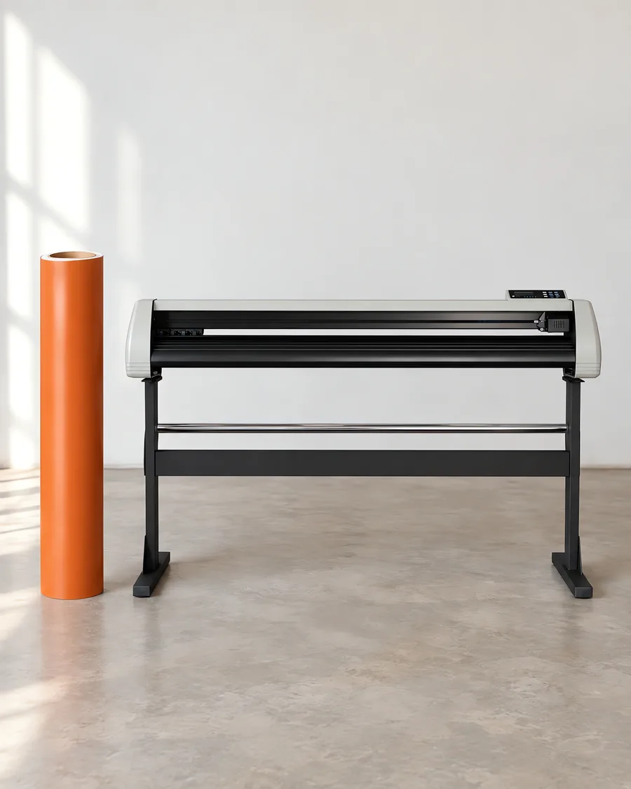 Rollo de vinilo de corte mate, parado junto al plóter de corte