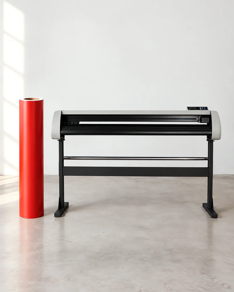 Rollo de vinilo de corte mate, parado junto al plóter de corte