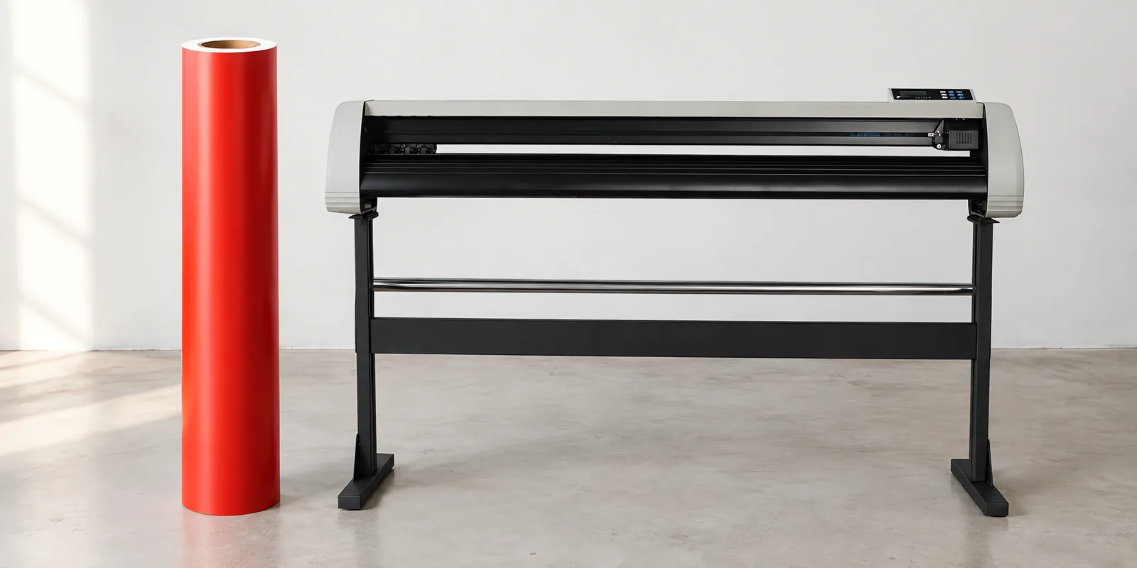 Rollo de vinilo de corte mate, parado junto al plóter de corte
