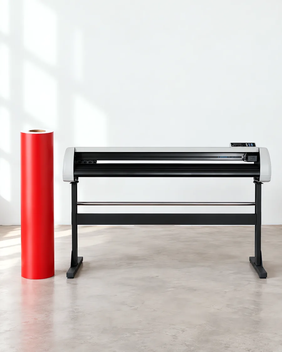 Rollo de vinilo de corte mate, parado junto al plóter de corte