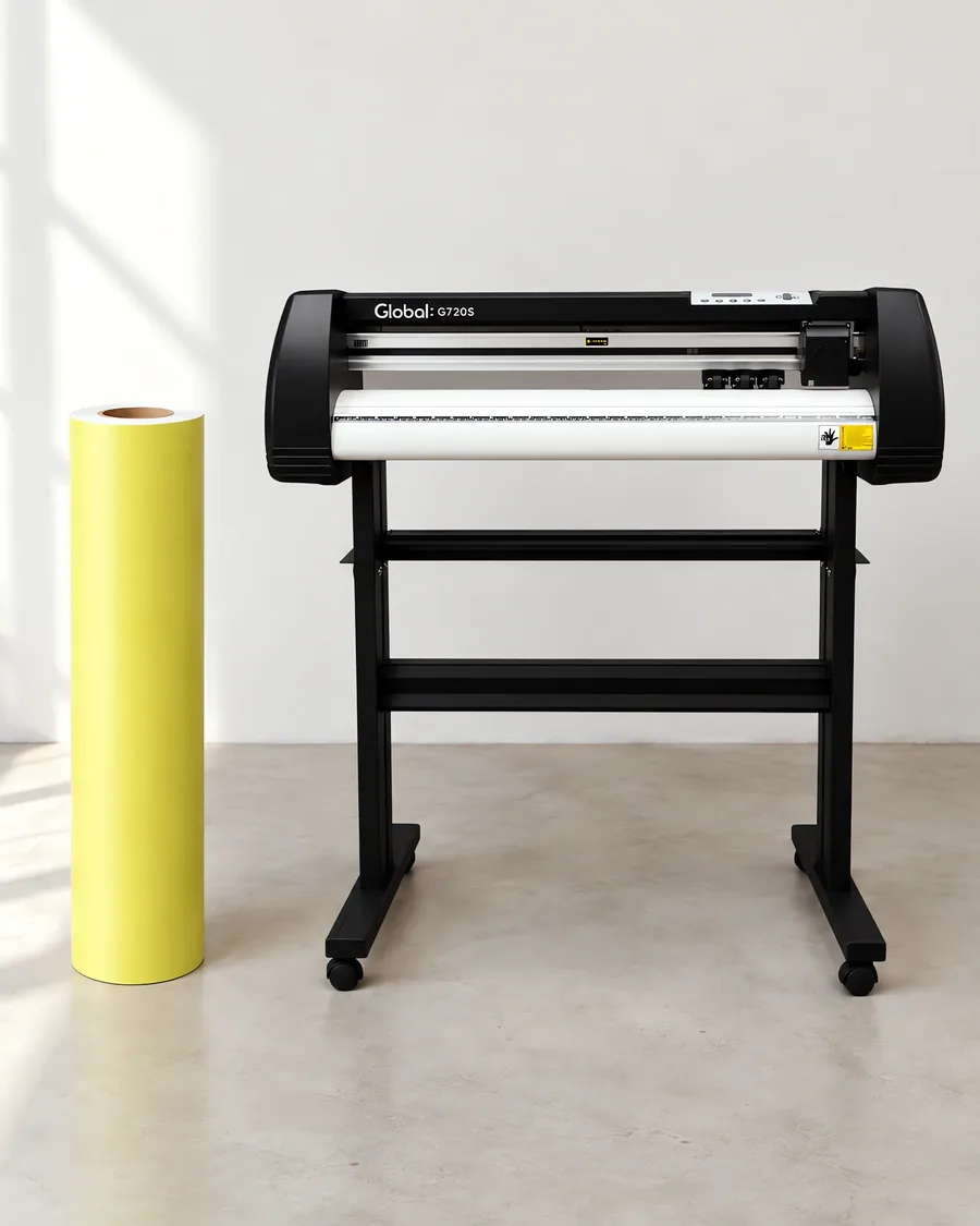 Rollo de vinilo de corte mate, parado junto al plóter de corte