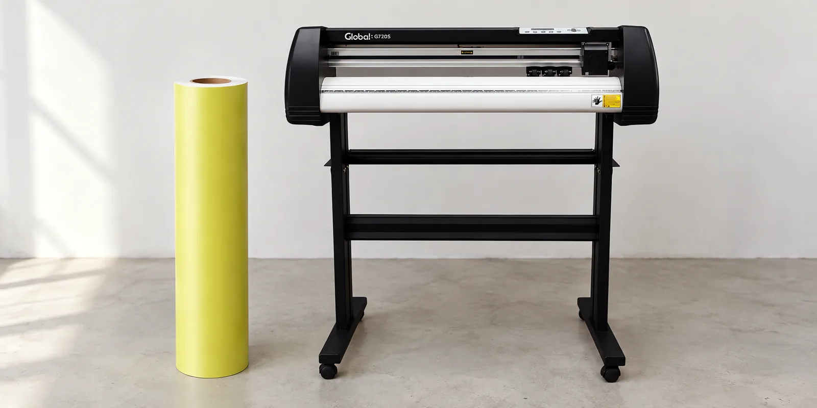 Rollo de vinilo de corte mate, parado junto al plóter de corte