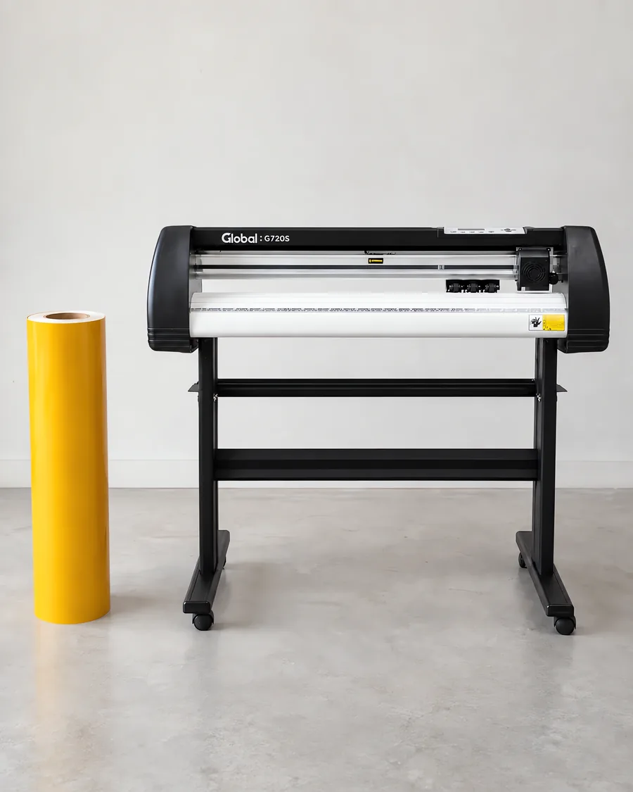 Rollo de vinilo de corte mate, parado junto al plóter de corte