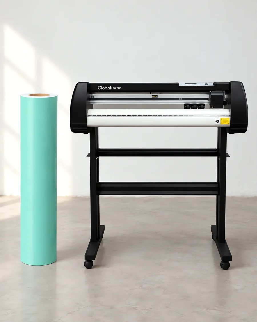 Rollo de vinilo de corte mate, parado junto al plóter de corte