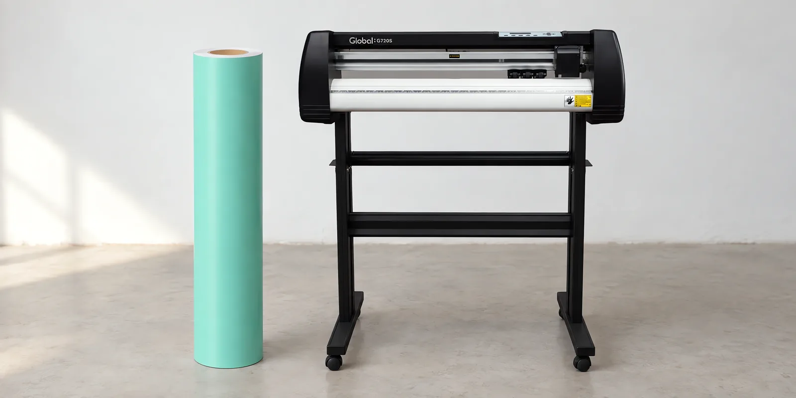 Rollo de vinilo de corte mate, parado junto al plóter de corte