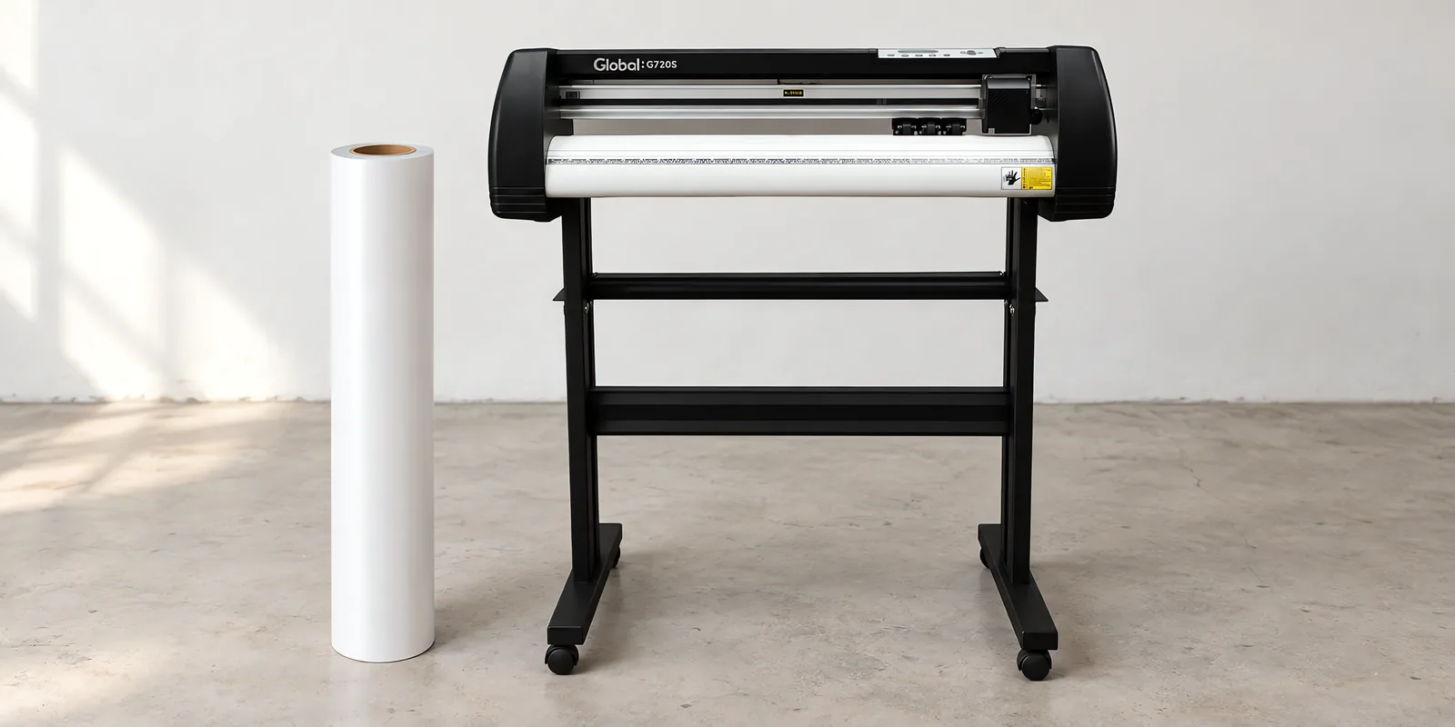 Rollo de vinilo de corte mate, parado junto al plóter de corte