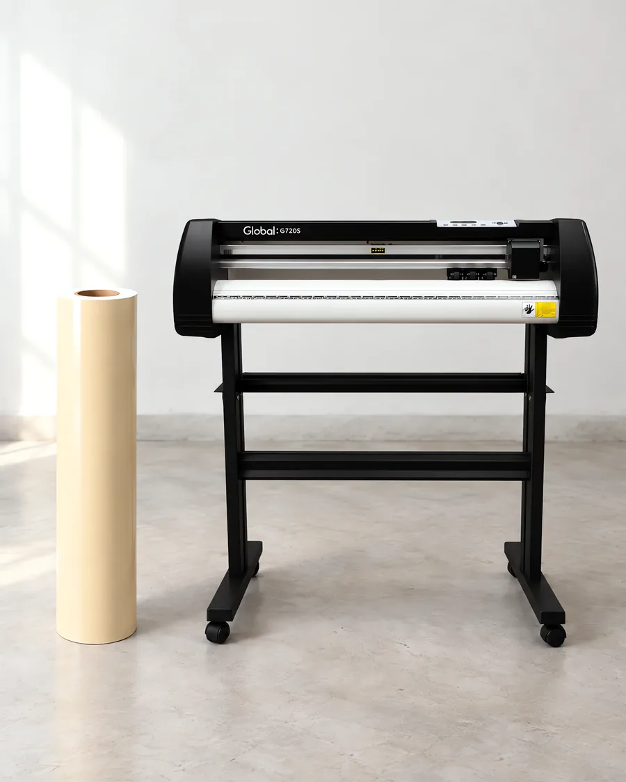 Rollo de vinilo de corte mate, parado junto al plóter de corte