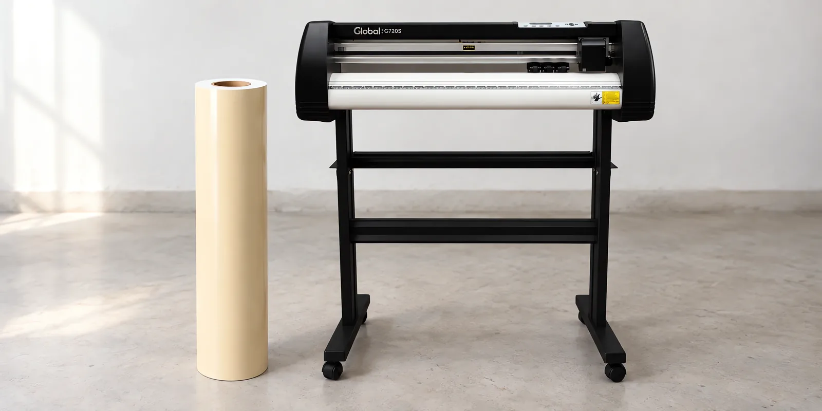 Rollo de vinilo de corte mate, parado junto al plóter de corte