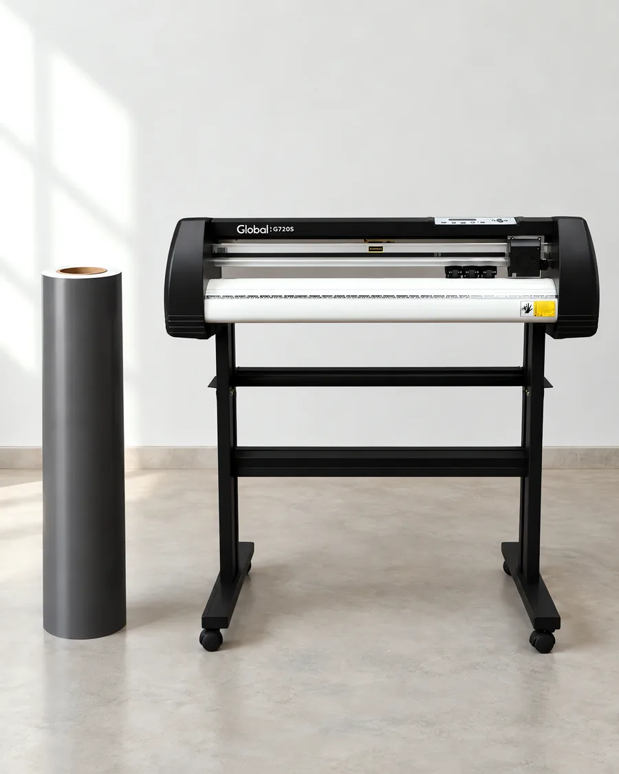 Rollo de vinilo de corte mate, parado junto al plóter de corte