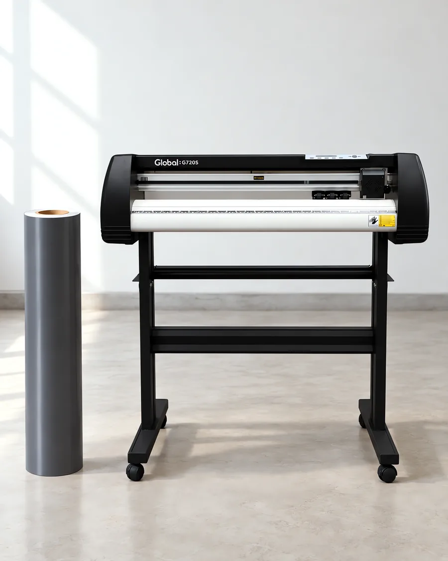 Rollo de vinilo de corte mate, parado junto al plóter de corte