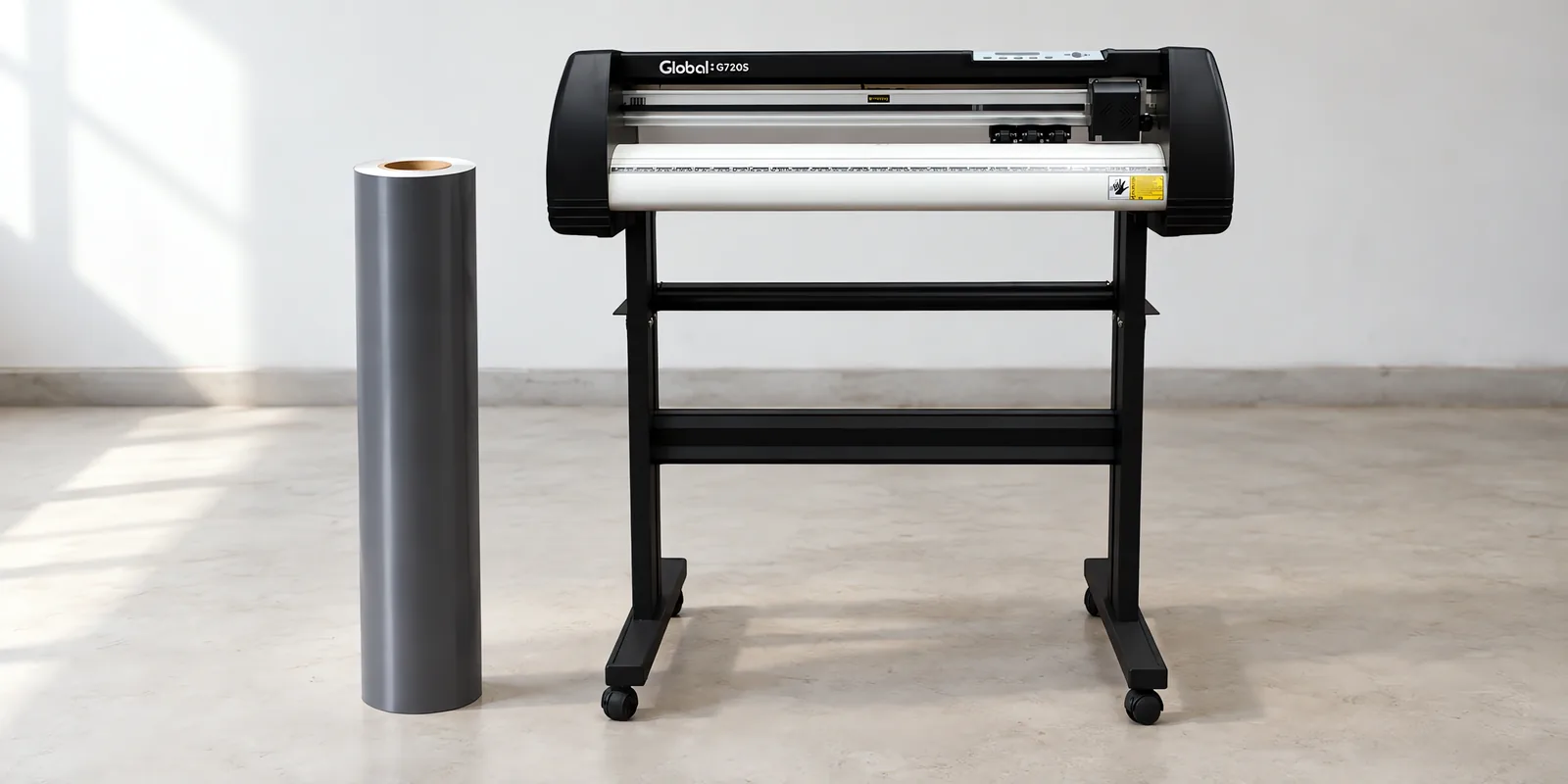 Rollo de vinilo de corte mate, parado junto al plóter de corte